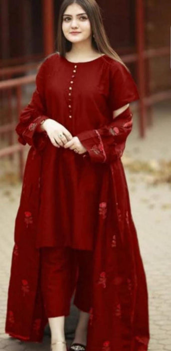 Premium Ladies Embroidered 3-Piece Winter Silka Suit – 3 Pcs Stitch Embroidery Set